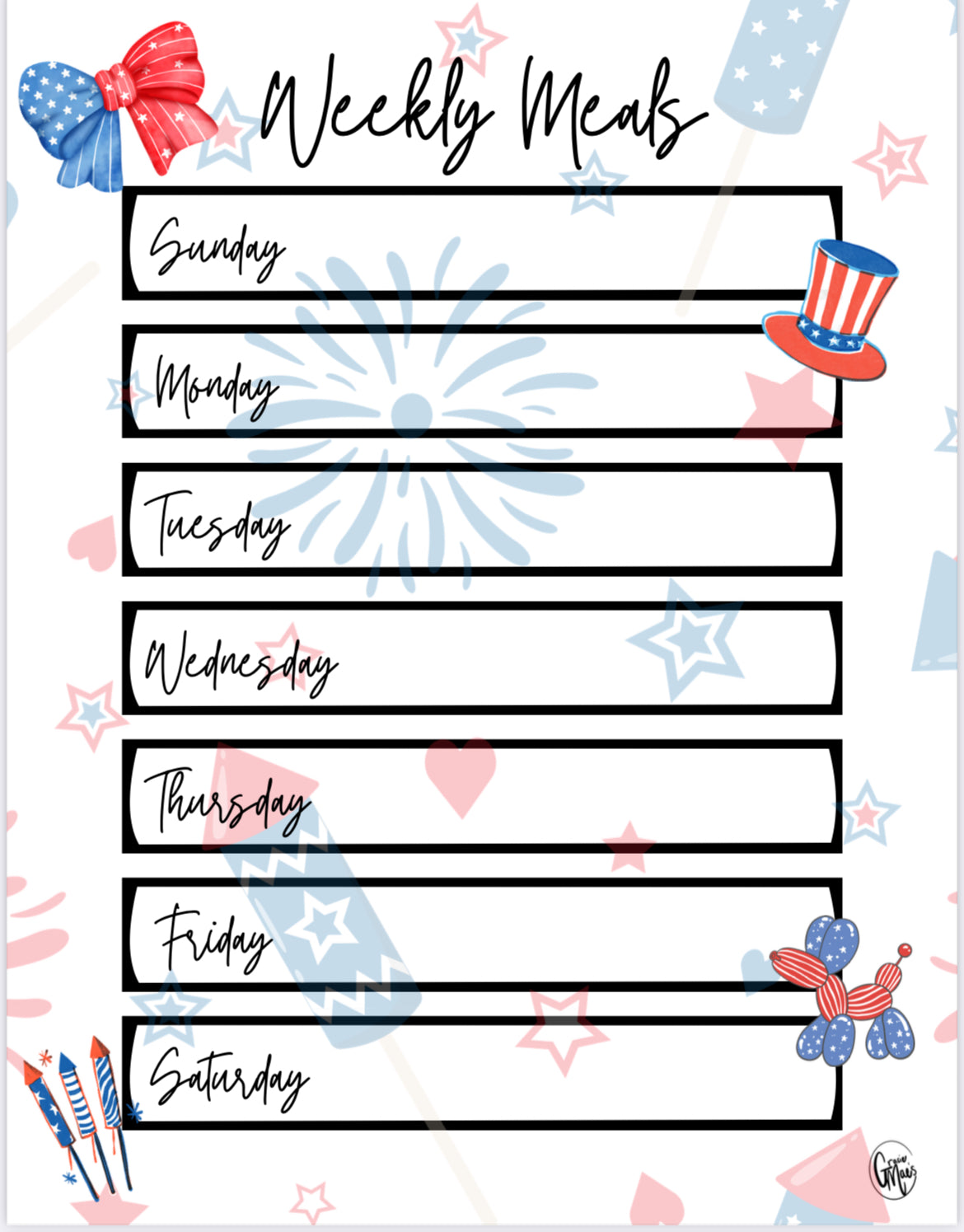 Weekly Meals 36 Pages Digital Download