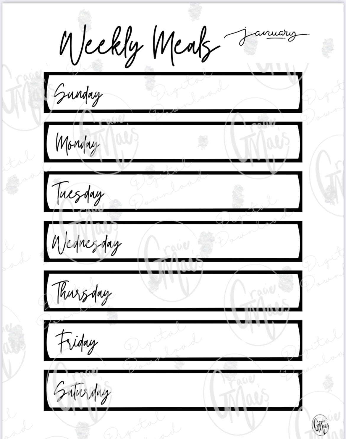 Weekly Meals Single Sheet Digital Download