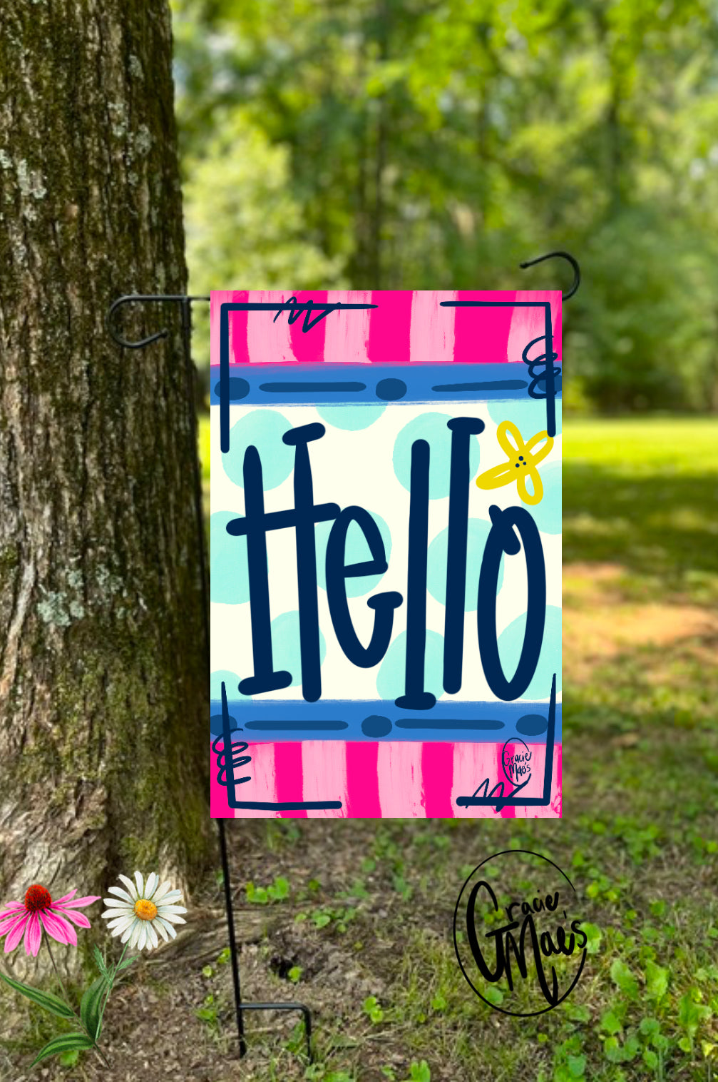 Hello Garden Flag - pink & blue